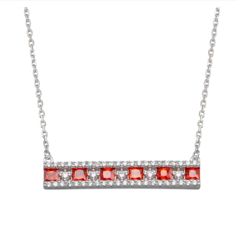 Rhodium Plated 925 Sterling Silver Horizontal Bar Red CZ Necklace